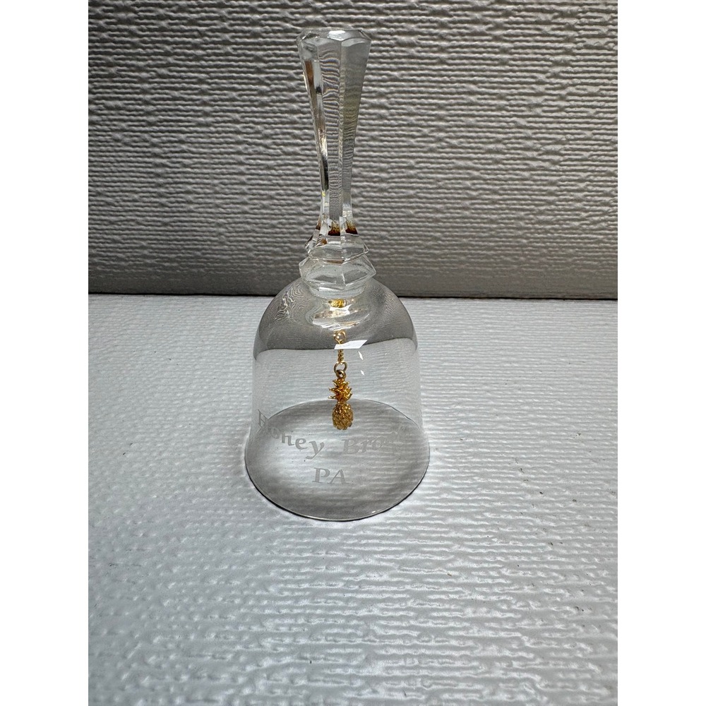 Vintage Honey Brook PA Souvenir Clear Glass Bell with Gold Pineapple Clapper